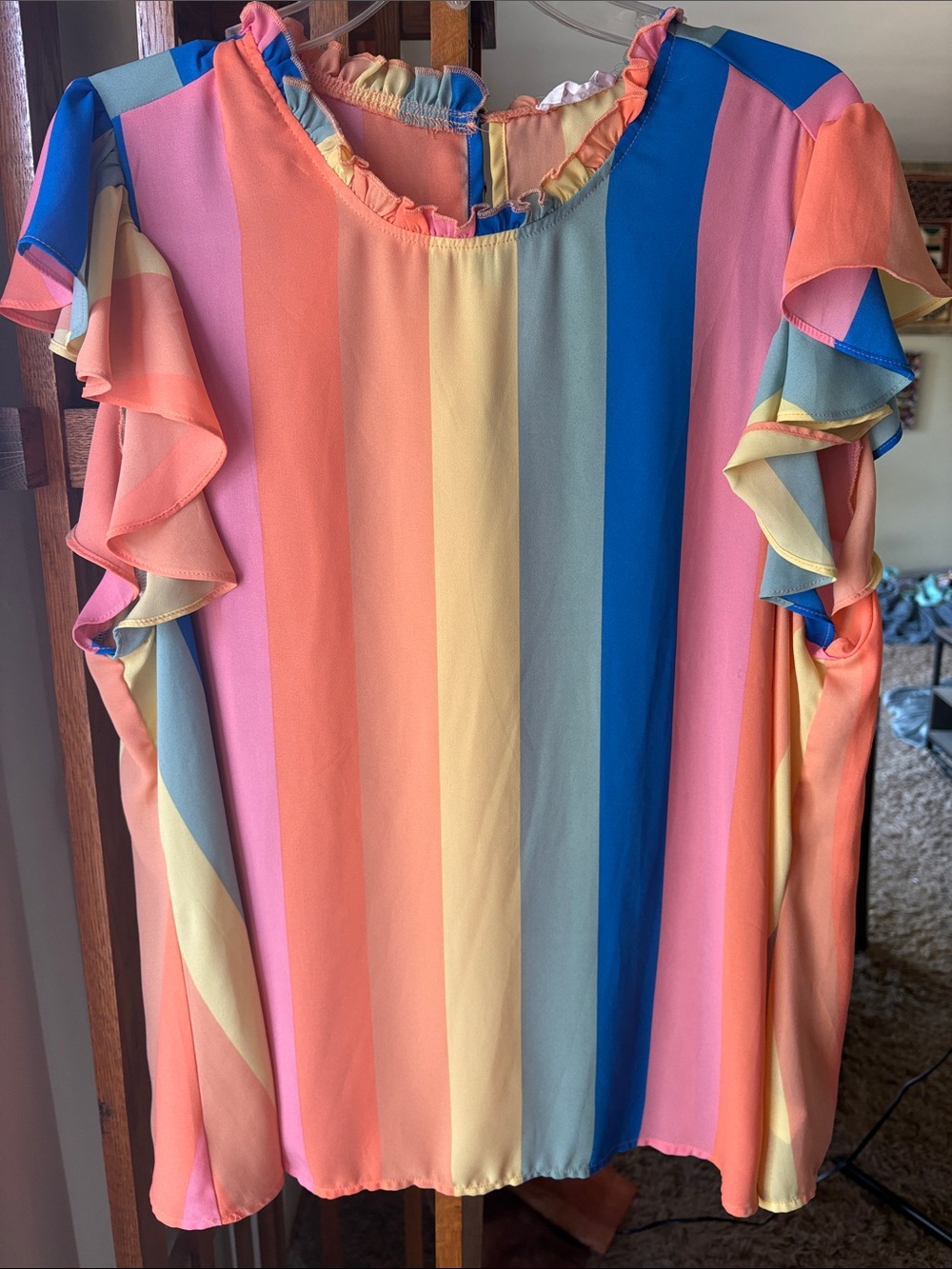 Multicolor Striped Ruffle Sleeve Blouse - Women's Top